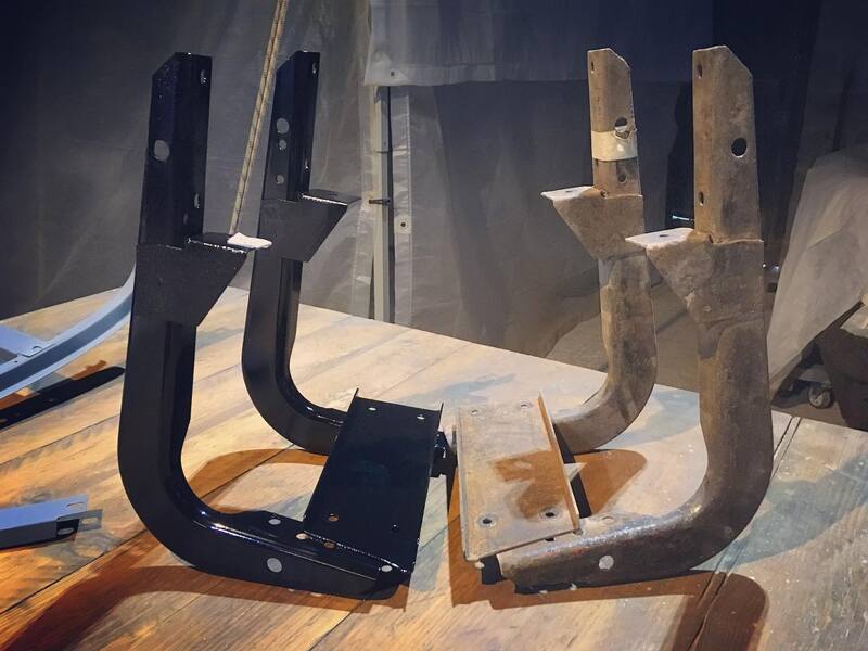 Before and after black powder coating on the step brackets from a Bedford truck
