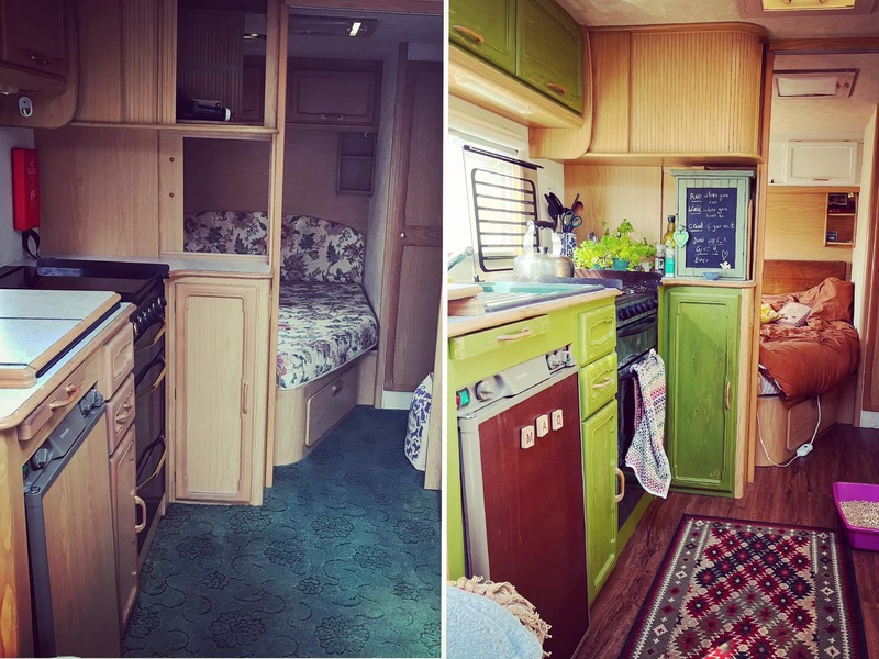 Caravan interior showing before and after renovation