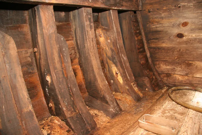 Old oak beams inside a wooden fishing trawler